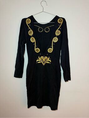Vintage 80s Fusion Knit Black Gold Embroidered Beaded Dress M Plunging Back Midi